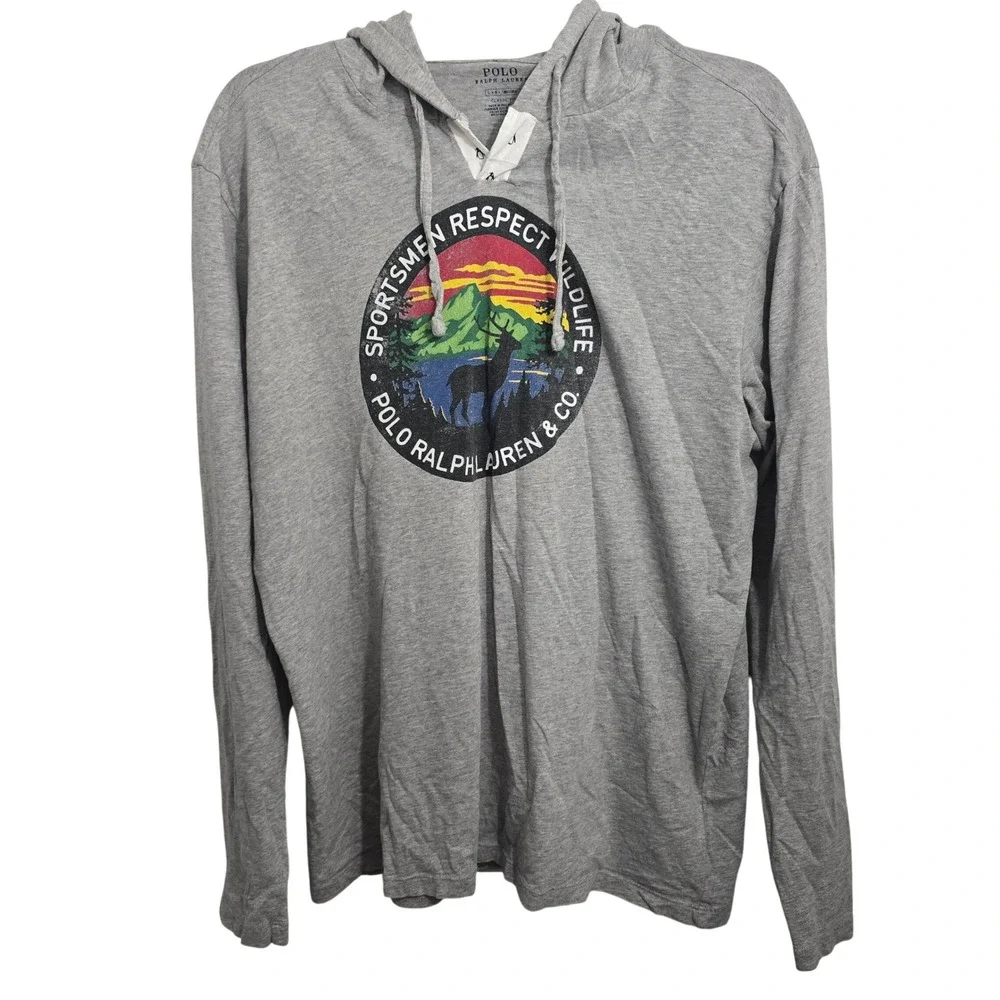Polo Ralph Lauren Mens Sportsmen Respect Wildlife Gray Hoodie T-Shirt Size Large